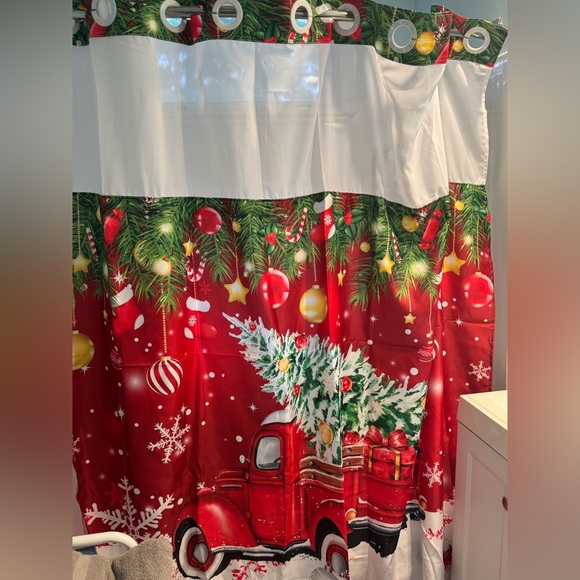 💥Hookless Festive Red Christmas Shower Curtain - Picture 1 of 4